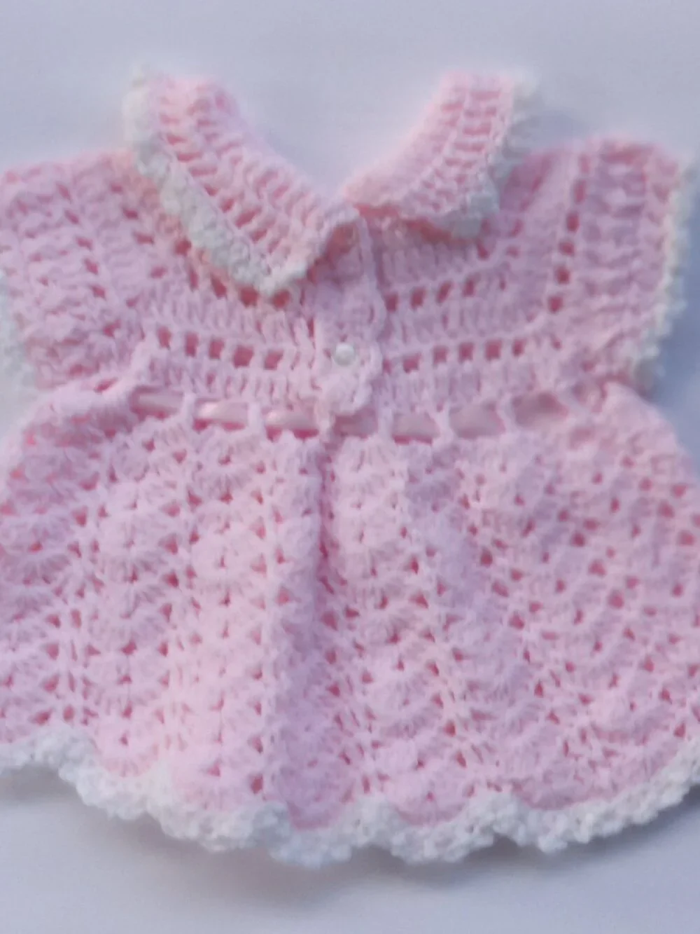 Handmade Crochet Baby Girl Dress Set 0-3 Months, Pink & White Outfit & headband